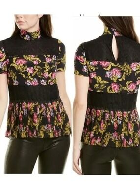 Saloni Dita Fuchsia Azalea & Black short-sleeve silk-blend blouse floral lace 8